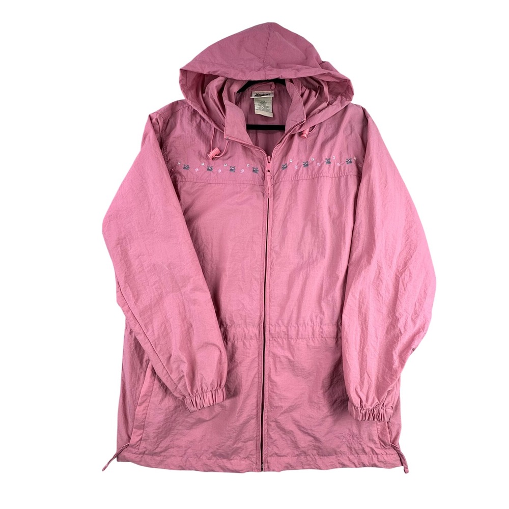 VTG Pink Embroidered Floral Lightweight Hooded Jacket Womens Medium Grannycore